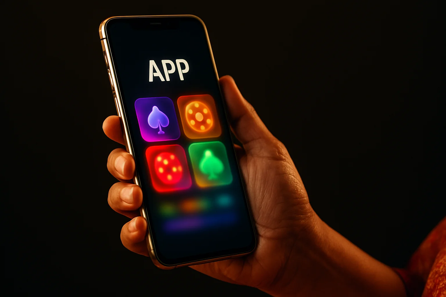 Premium Android smartphone held by mature Bangladeshi female hands showing APP