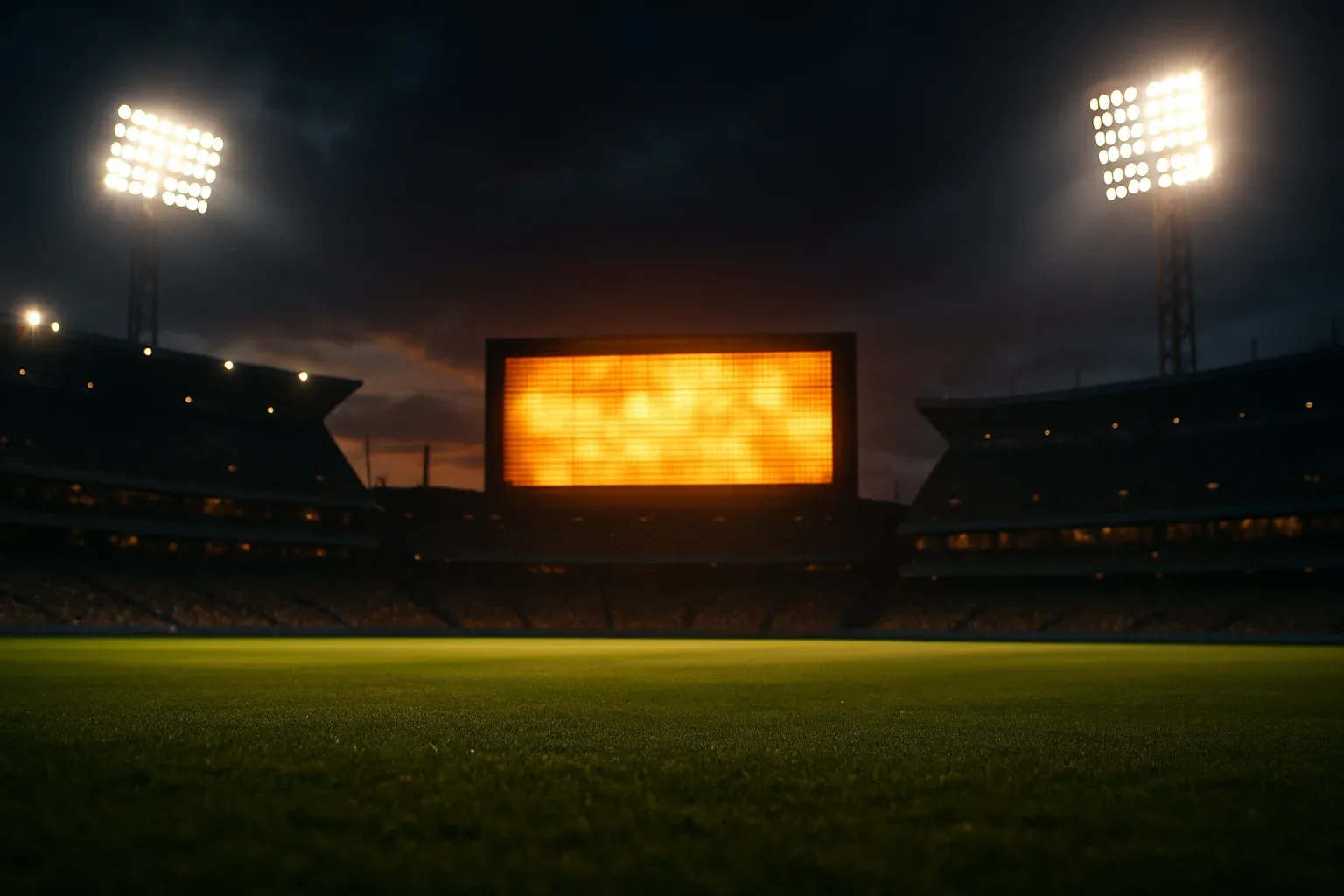 Ultra-realistic wide shot of cricket stadium at dusk with blazing floodlights