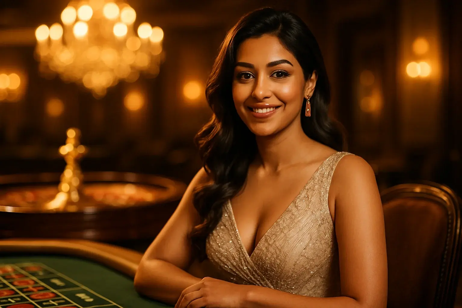 Glamorous Bangladeshi woman smiling at a premium casino table under chandelier light