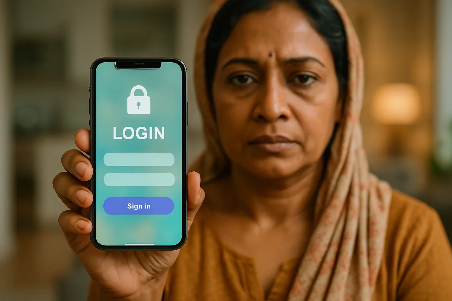 Bangladeshi woman holding smartphone showing stylized login screen facing camera