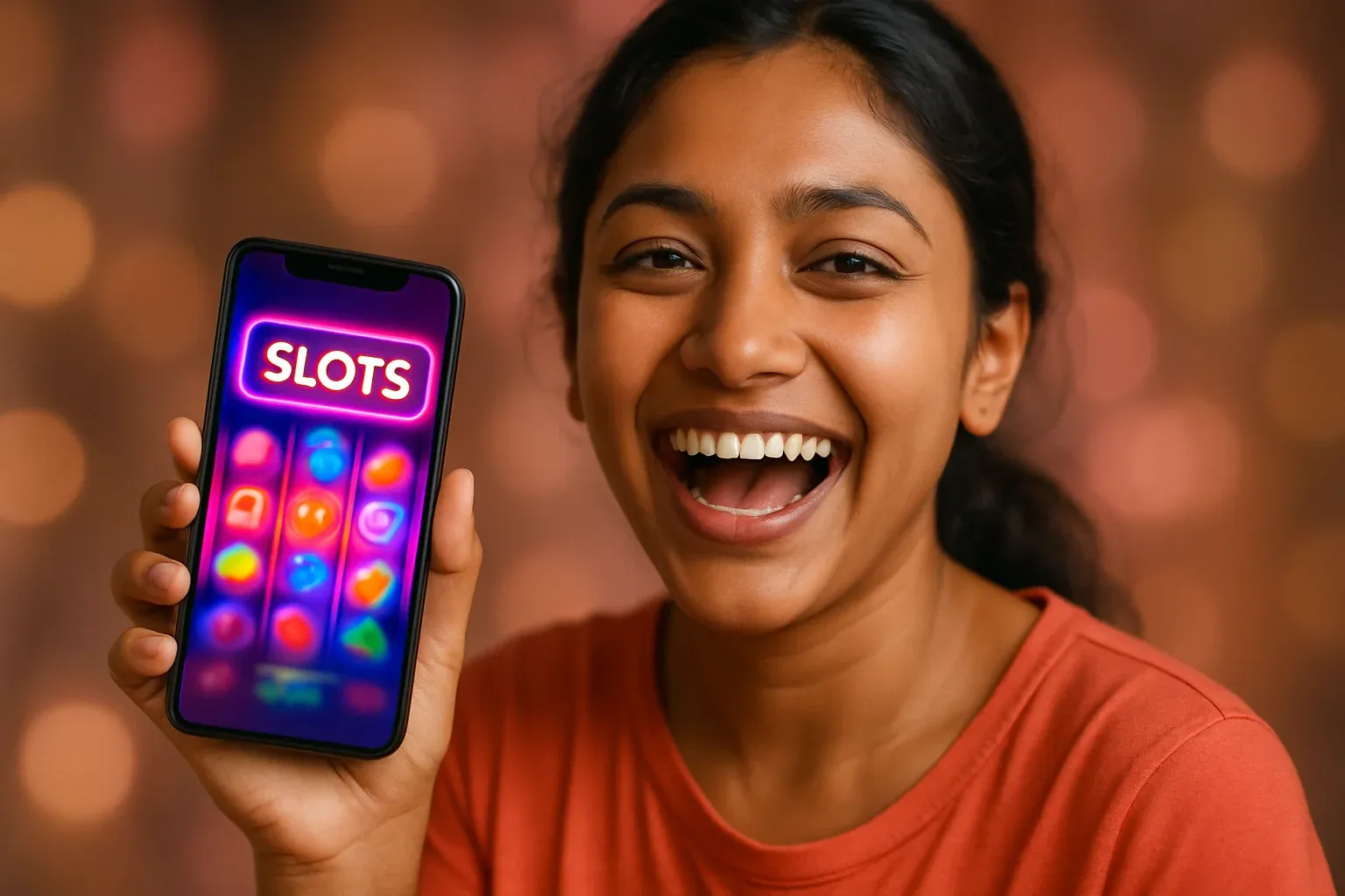 Young Bangladeshi woman laughing, holding phone showing colorful slots screen